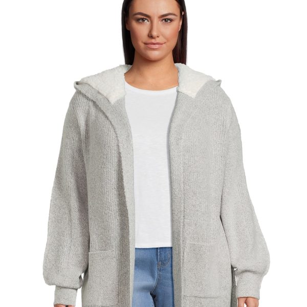 No Boundaries Juniors Plus Cardigan Sweater with Faux Sherpa Lined Hood, Midweight