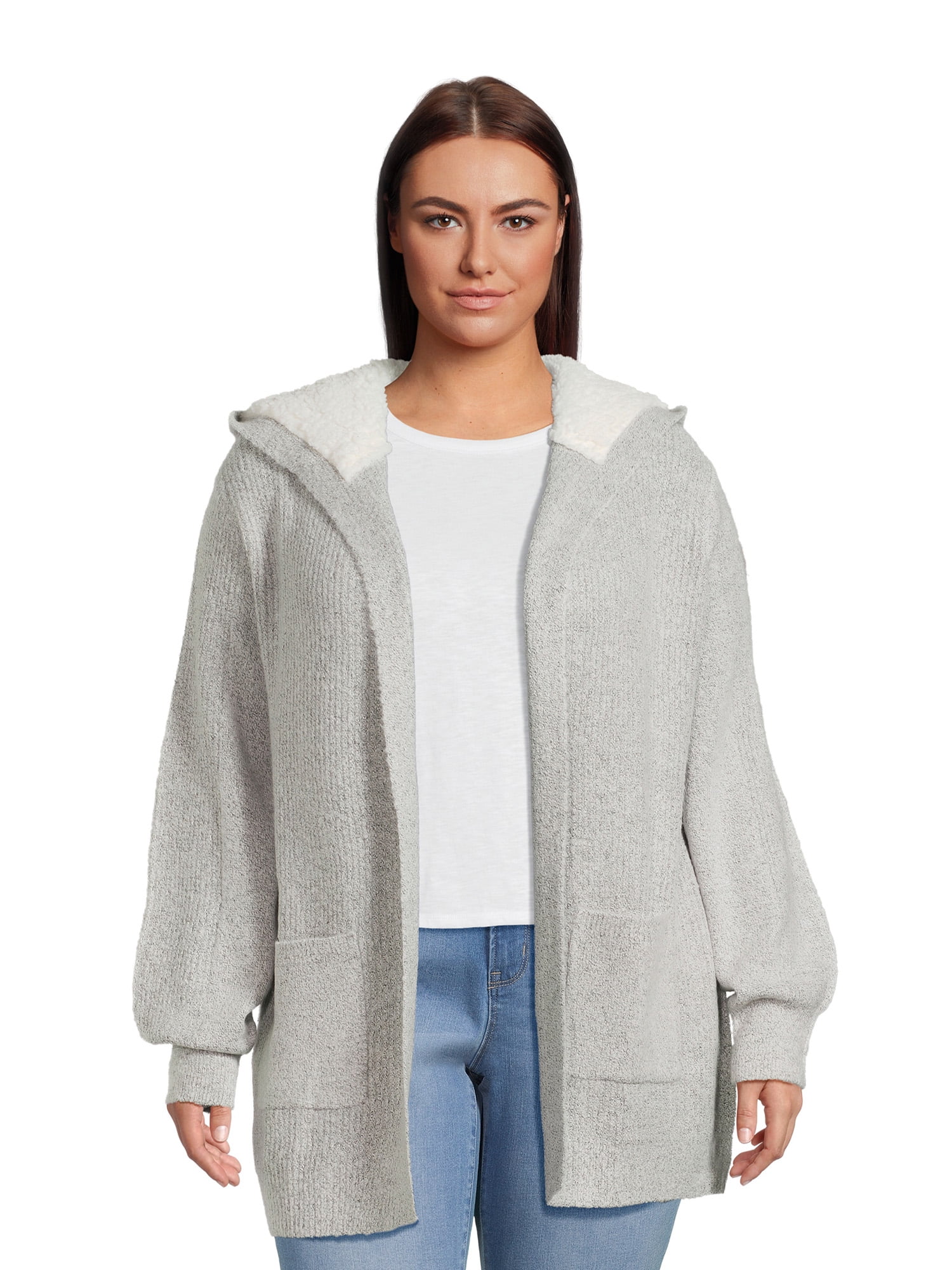 No-Boundaries-Juniors-Plus-Cardigan-Sweater-with-Faux-Sherpa-Lined-Hood-Midweight_29d08562-03a8-4612-b952-e538642bf778.80929da518df0962a21a722f7dea642c No Boundaries Juniors Plus Cardigan Sweater with Faux Sherpa Lined Hood, Midweight - Image 1